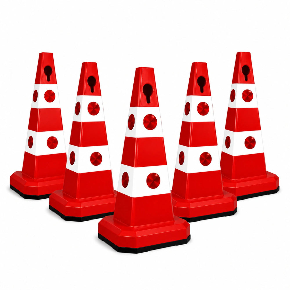 Five red and white traffic safety cones 