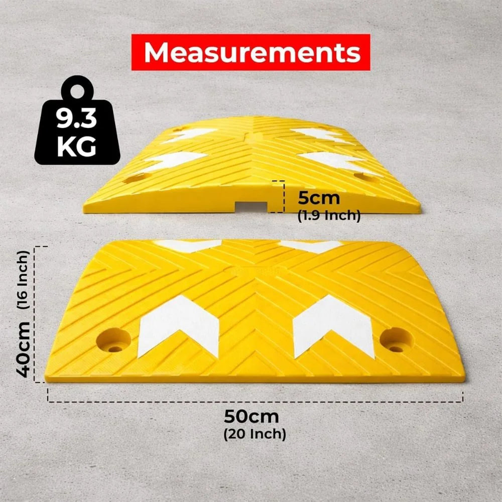 Yellow speed bump with measurements on a gray background