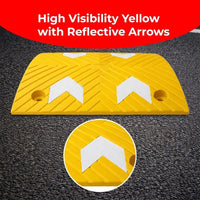 Yellow speed bump with reflective arrows on a black asphalt background, labeled 'High Visibility Yellow with Reflective Arrows'.