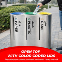Recycling bin with color-coded lids for paper, plastic, and cans on a sidewalk.