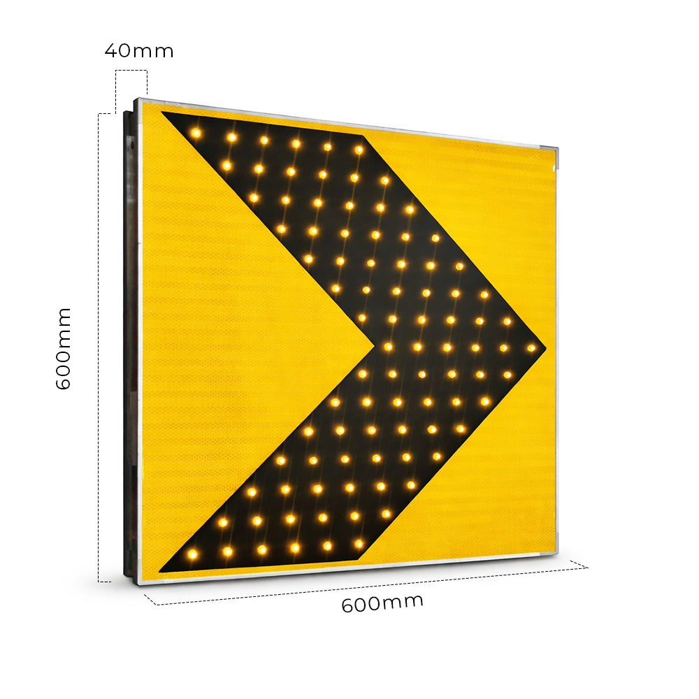 Yellow and black traffic sign with arrow pattern and dimensions on a white background