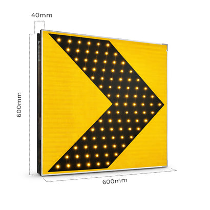 Yellow and black traffic sign with arrow pattern and dimensions on a white background