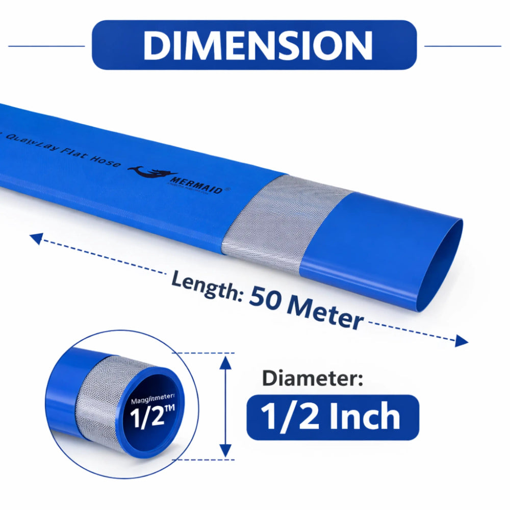 Blue and gray hose with dimensions labeled on a white background