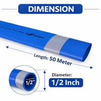 Blue and gray hose with dimensions labeled on a white background