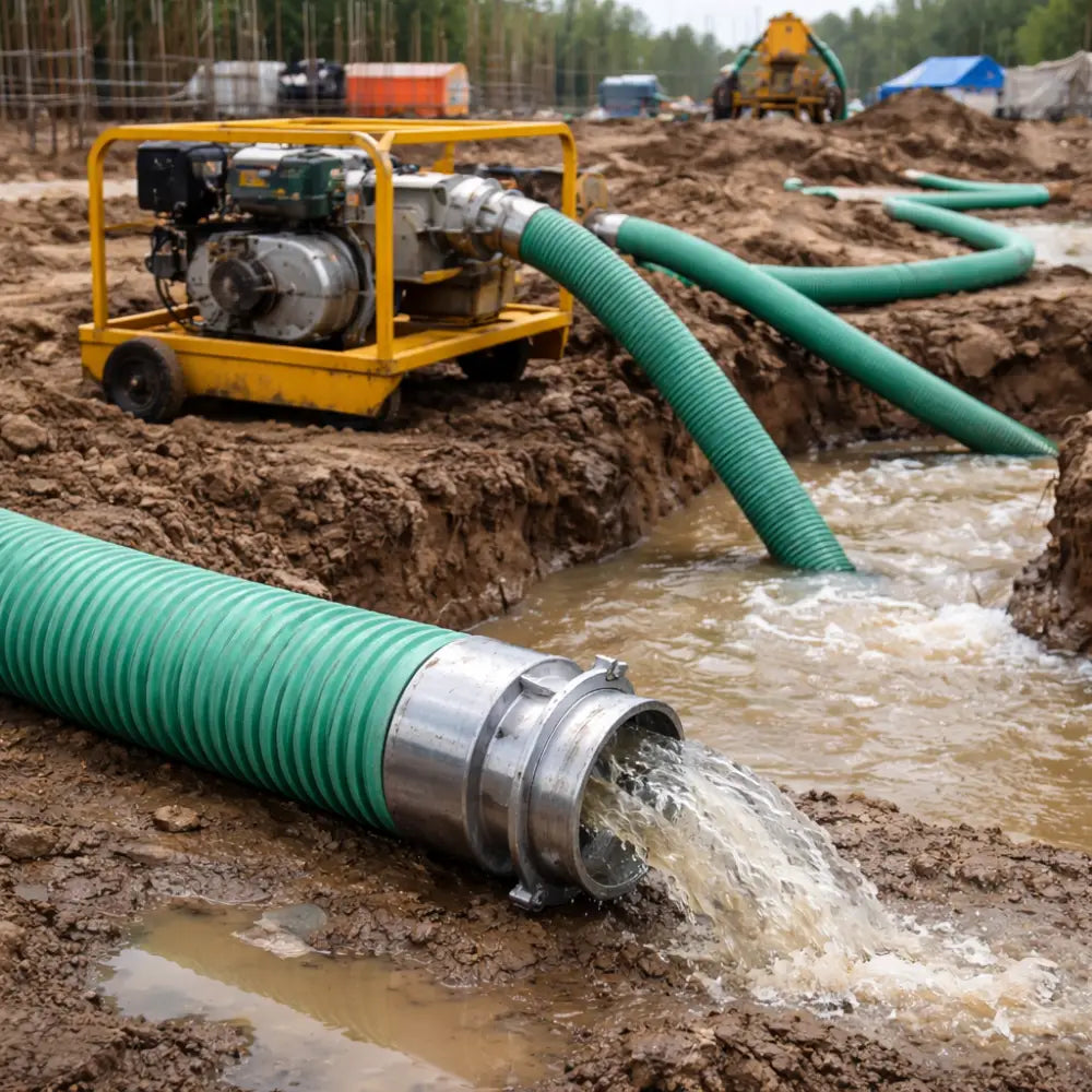 Pump with green hose pumping water from a trench at a construction site.