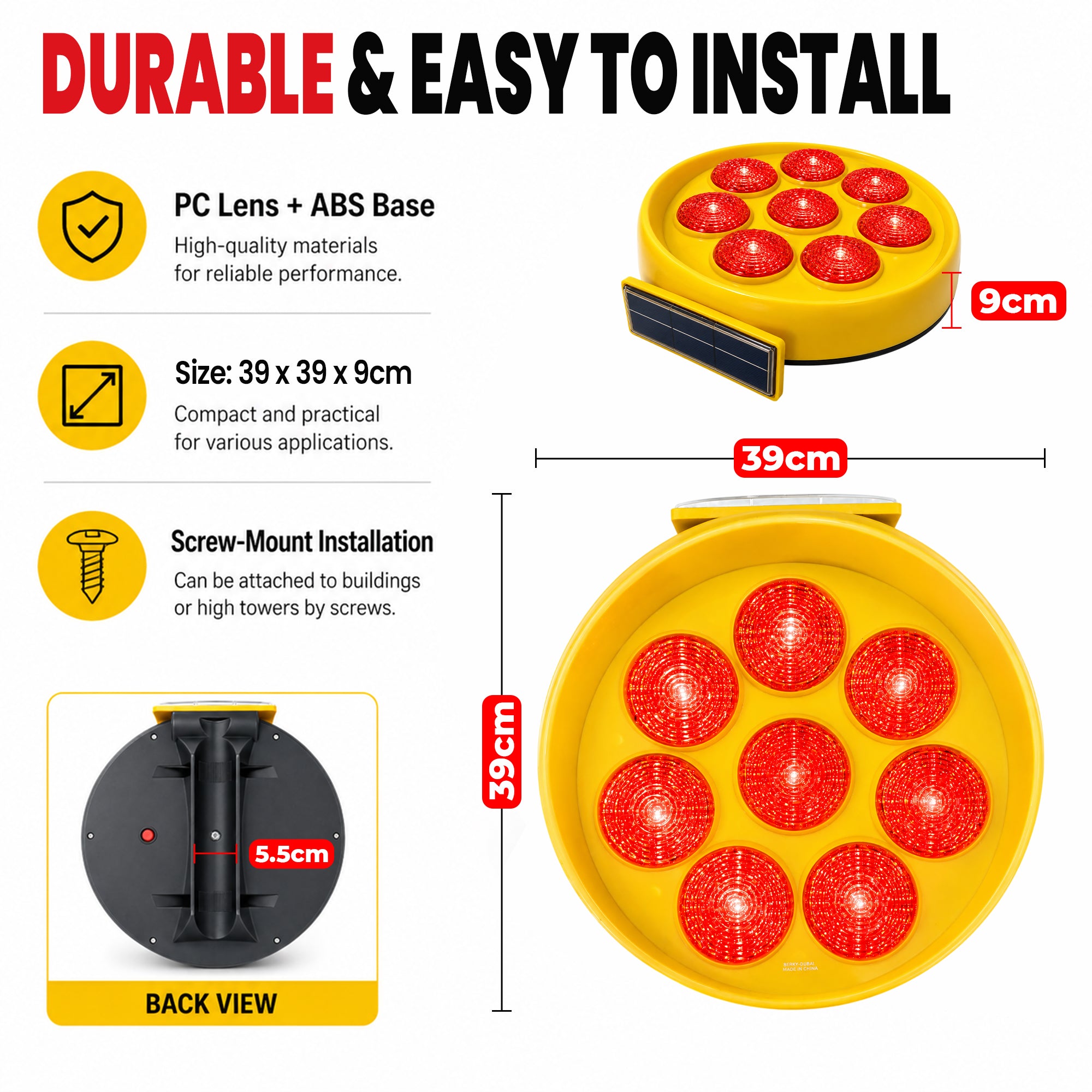 Solar powered 8 LED orange flashing beacon for road safety and hazard warning
