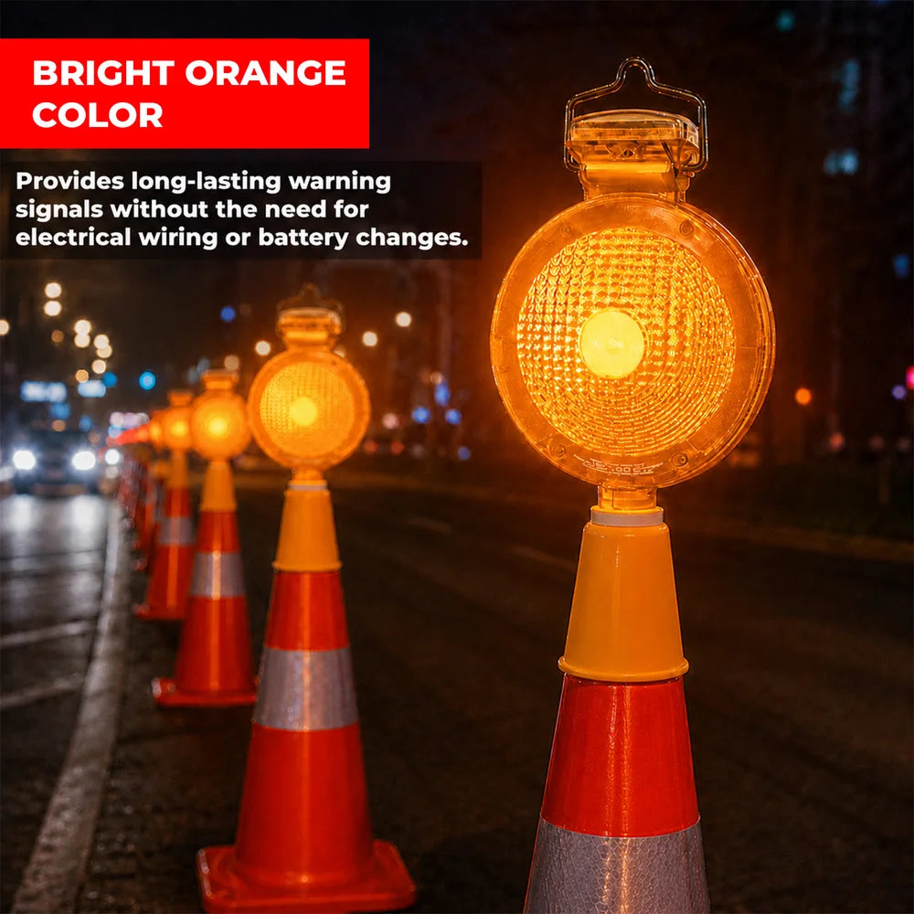 Solar powered orange LED warning light for traffic cones and road safety