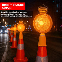 Solar powered orange LED warning light for traffic cones and road safety