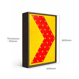 Rectangular traffic sign with red and yellow design, dimensions indicated.