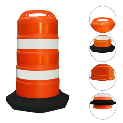 Orange traffic barrel with reflective stripes