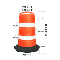 Orange traffic barrel with measurements