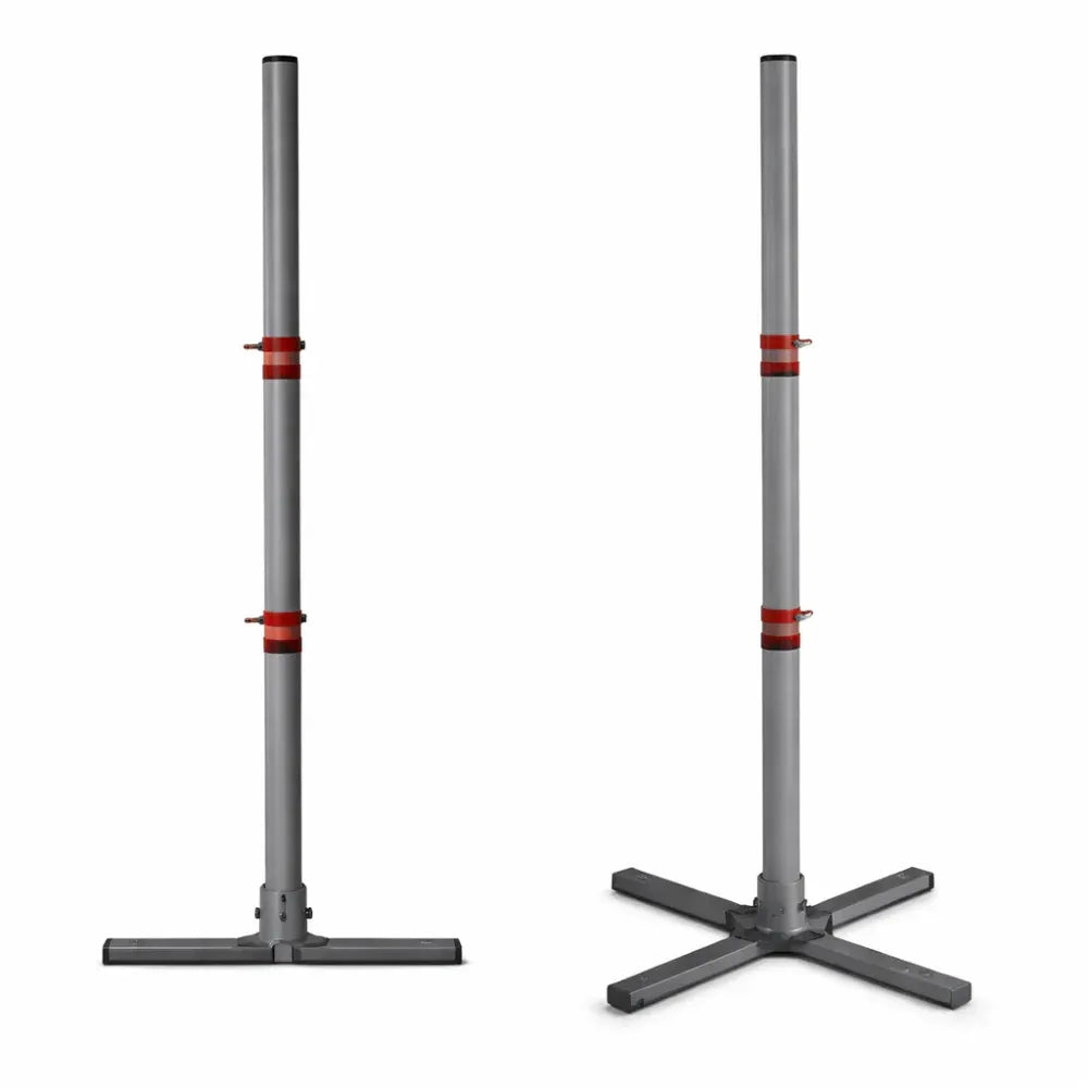 Two gray metal stands with red bands on a white background