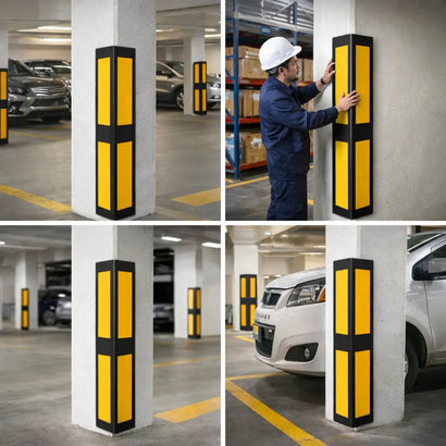 Collage of a yellow and black safety bumper being used in a parking garage.