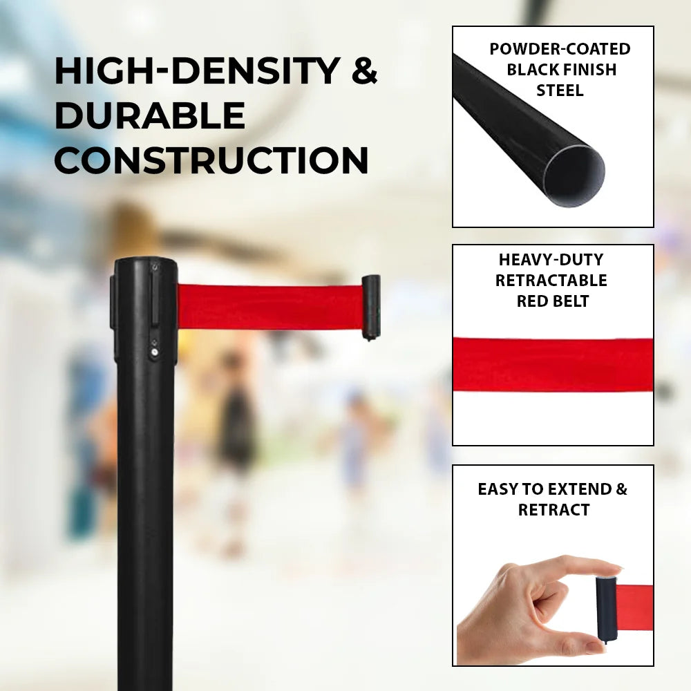 Retractable belt barrier with black post and red belt, featuring text on high-density and durable construction.