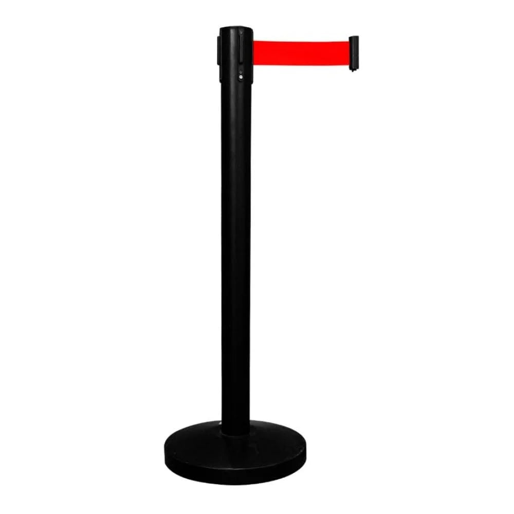 Black stanchion with a red belt on a white background