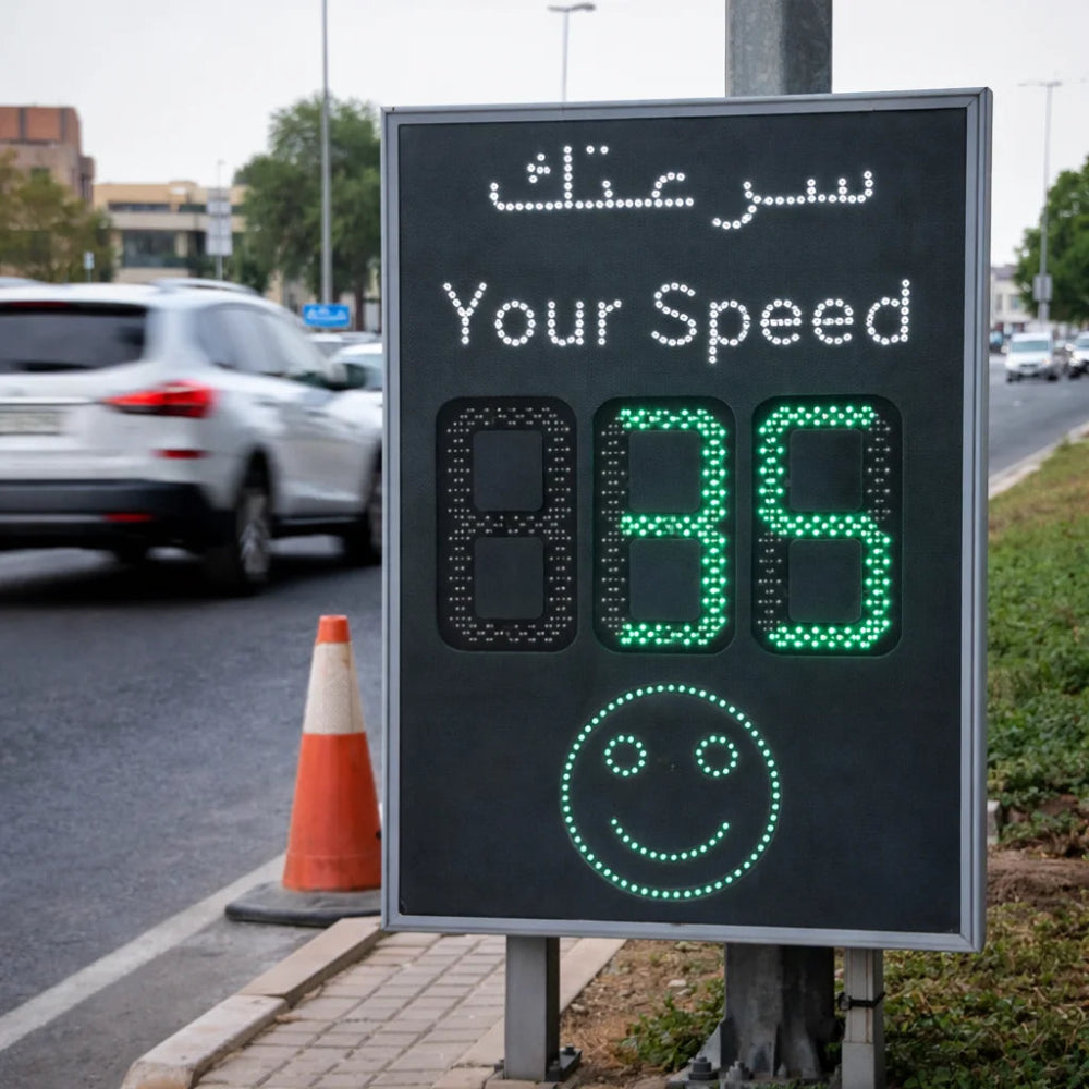 Speed monitoring sign displaying a high speed reading on a road with traffic.