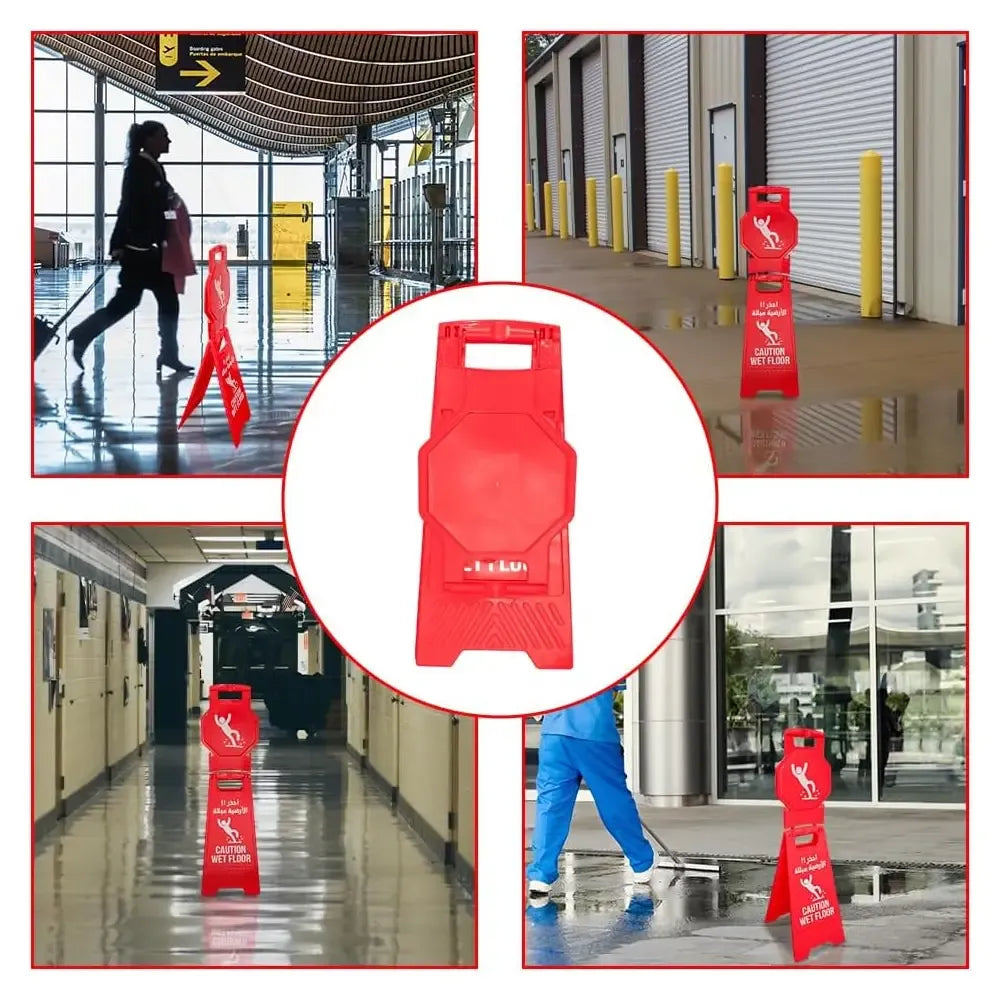 Red safety stand-off sign used in various indoor settings.