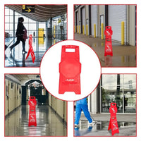 Red safety stand-off sign used in various indoor settings.