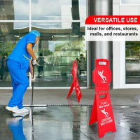 Person cleaning a wet floor with red safety cones and a sign indicating versatile use for offices, stores, malls, and restaurants.