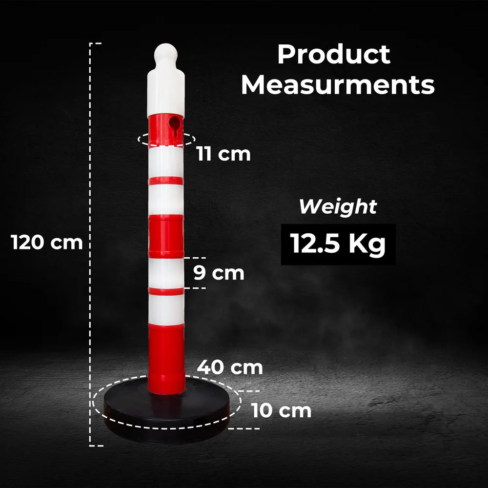 Red and white striped pole with measurements and weight details on a dark background