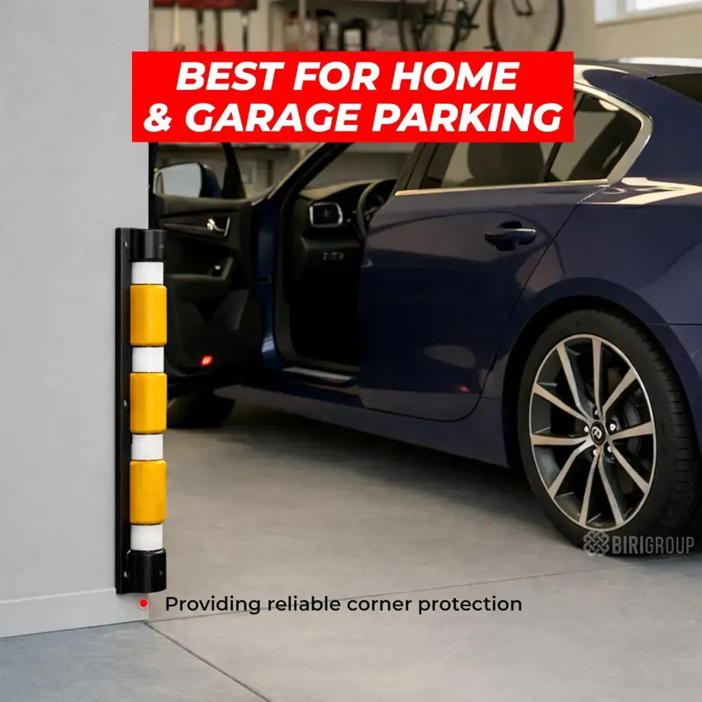 Car parked next to a protective corner guard with text 'Best for Home & Garage Parking' and 'Providing reliable corner protection'.