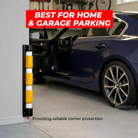 Car parked next to a protective corner guard with text 'Best for Home & Garage Parking' and 'Providing reliable corner protection'.
