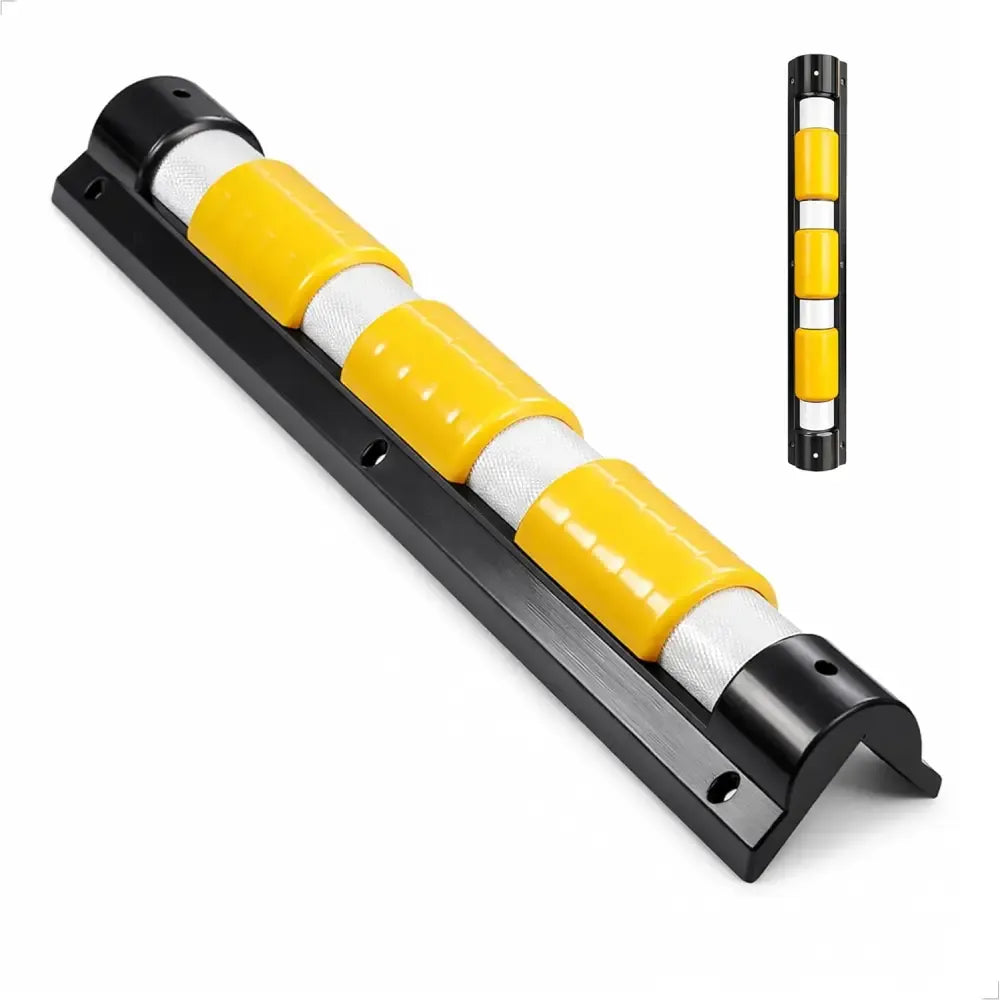 Yellow and white traffic barrier with black base on a white background