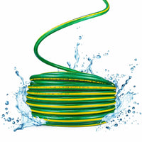 Green and yellow garden hose with water splashes 