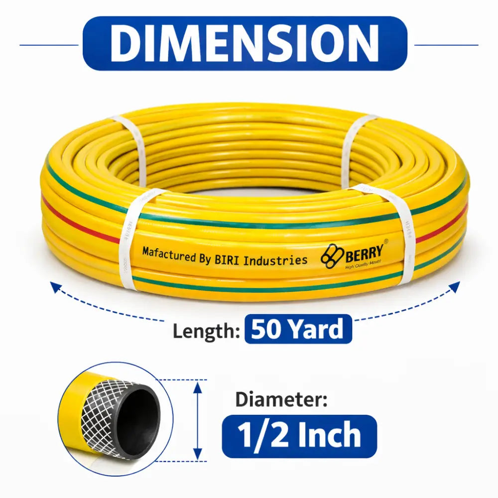 Yellow hose with dimensions and branding on a white background
