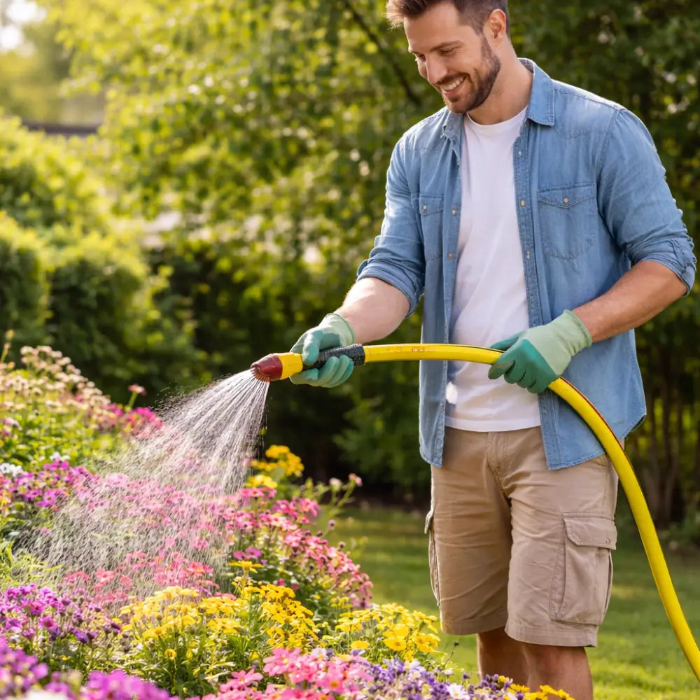 Man watering flowers in a garden with a yellow hose