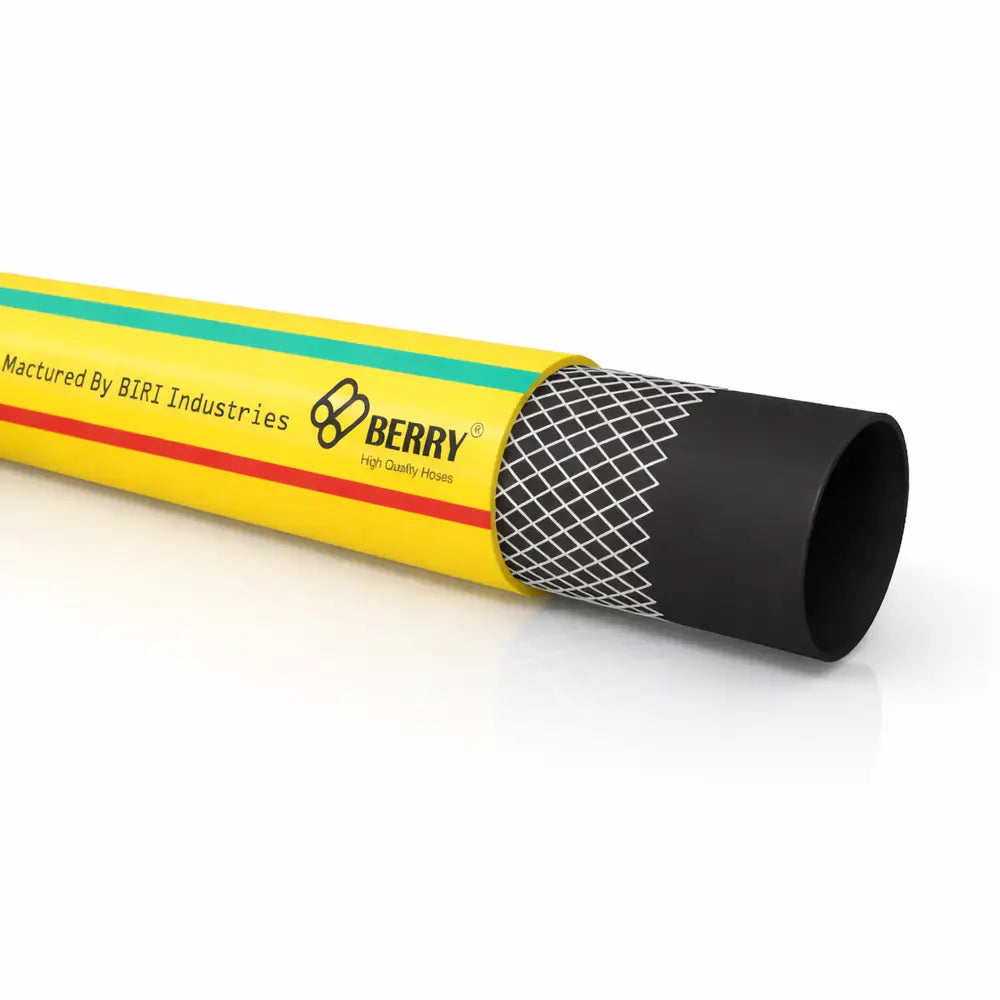 Yellow hose with black inner core and visible branding on a white background