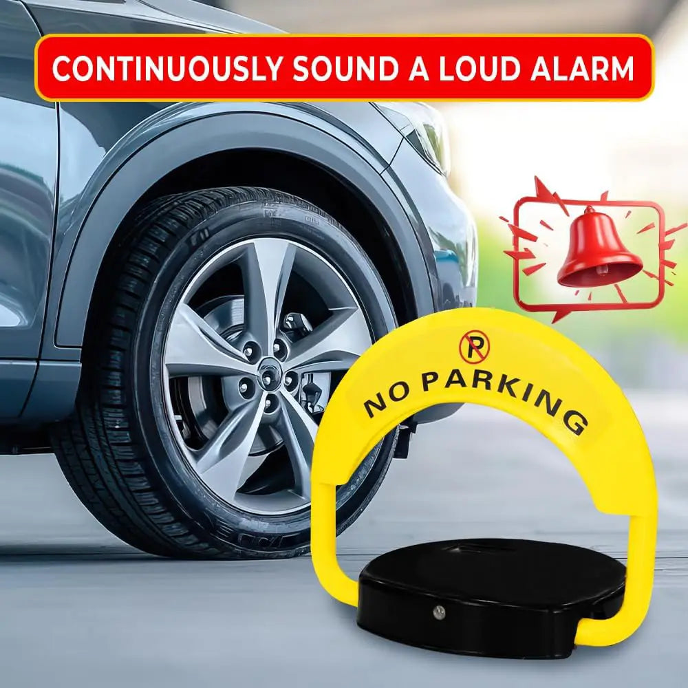 Yellow 'No Parking' barrier with a loud alarm feature in front of a car.