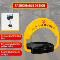 Yellow 'No Parking' barrier with remote control and key features highlighted.