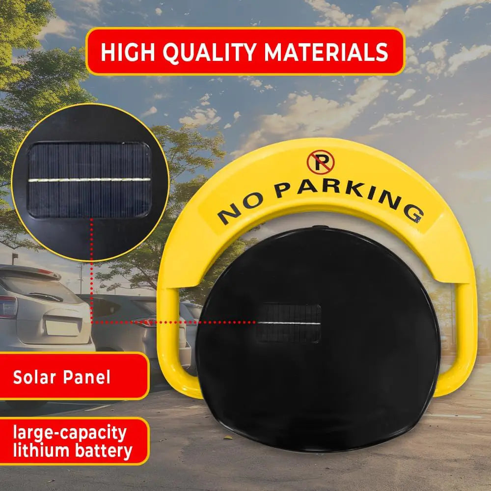 Yellow 'No Parking' barrier with solar panel and battery text on a blurred outdoor background