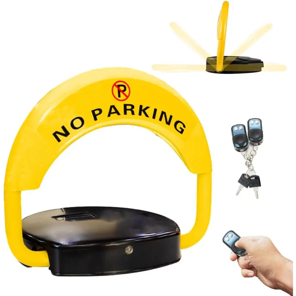 Yellow 'No Parking' barrier with remote controls and key fob on a white background