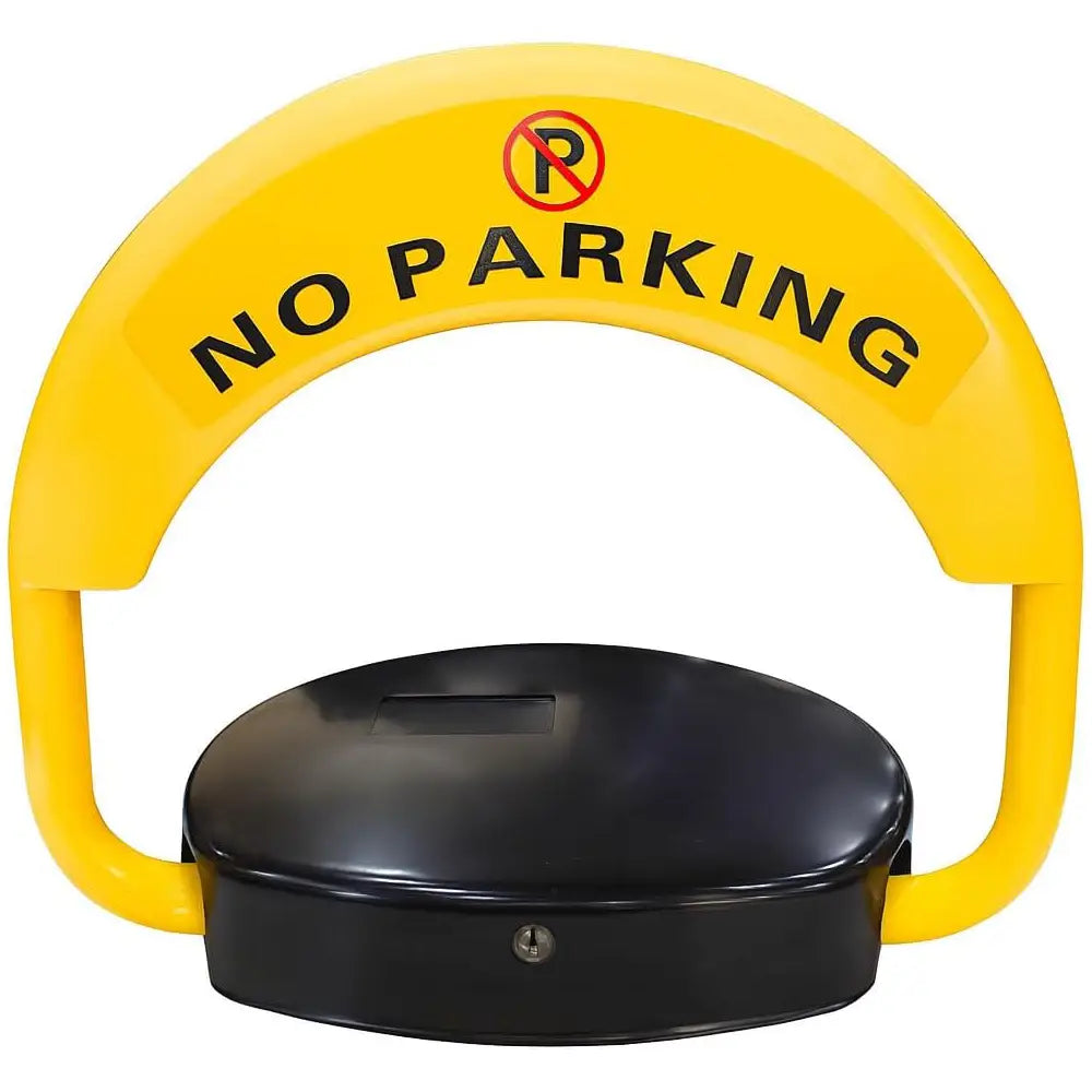 Yellow 'No Parking' barrier with black base on a white background