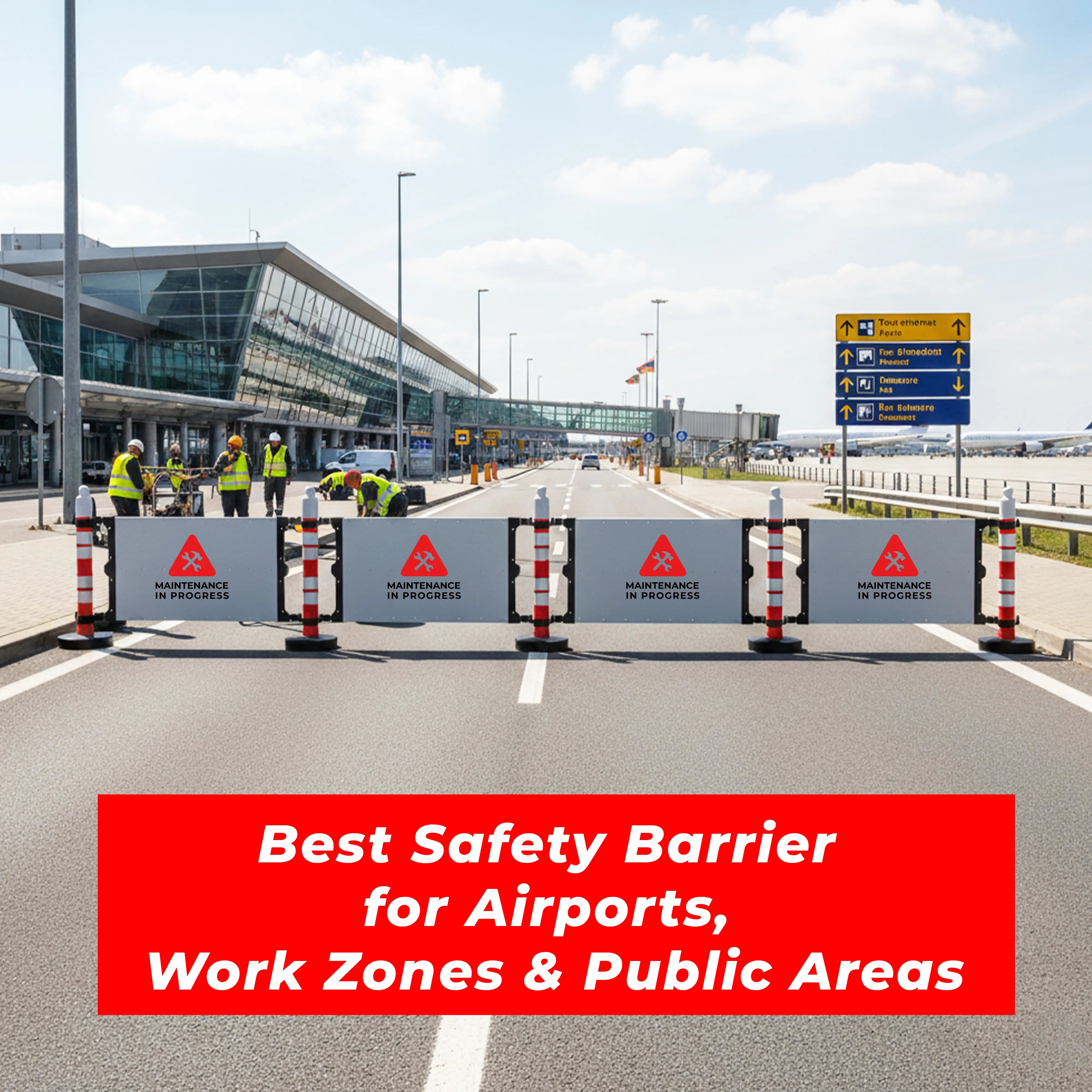 Road safety barrier post set with 120×75CM sign board for parking and work areas