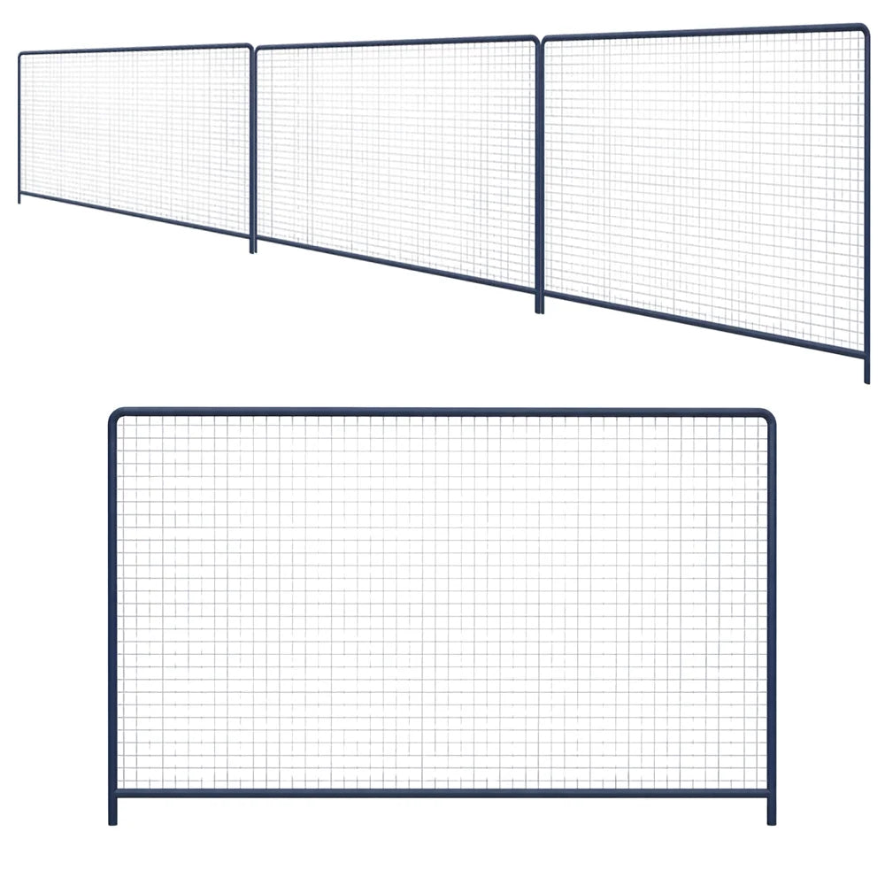 Black metal security fence panels on a white background