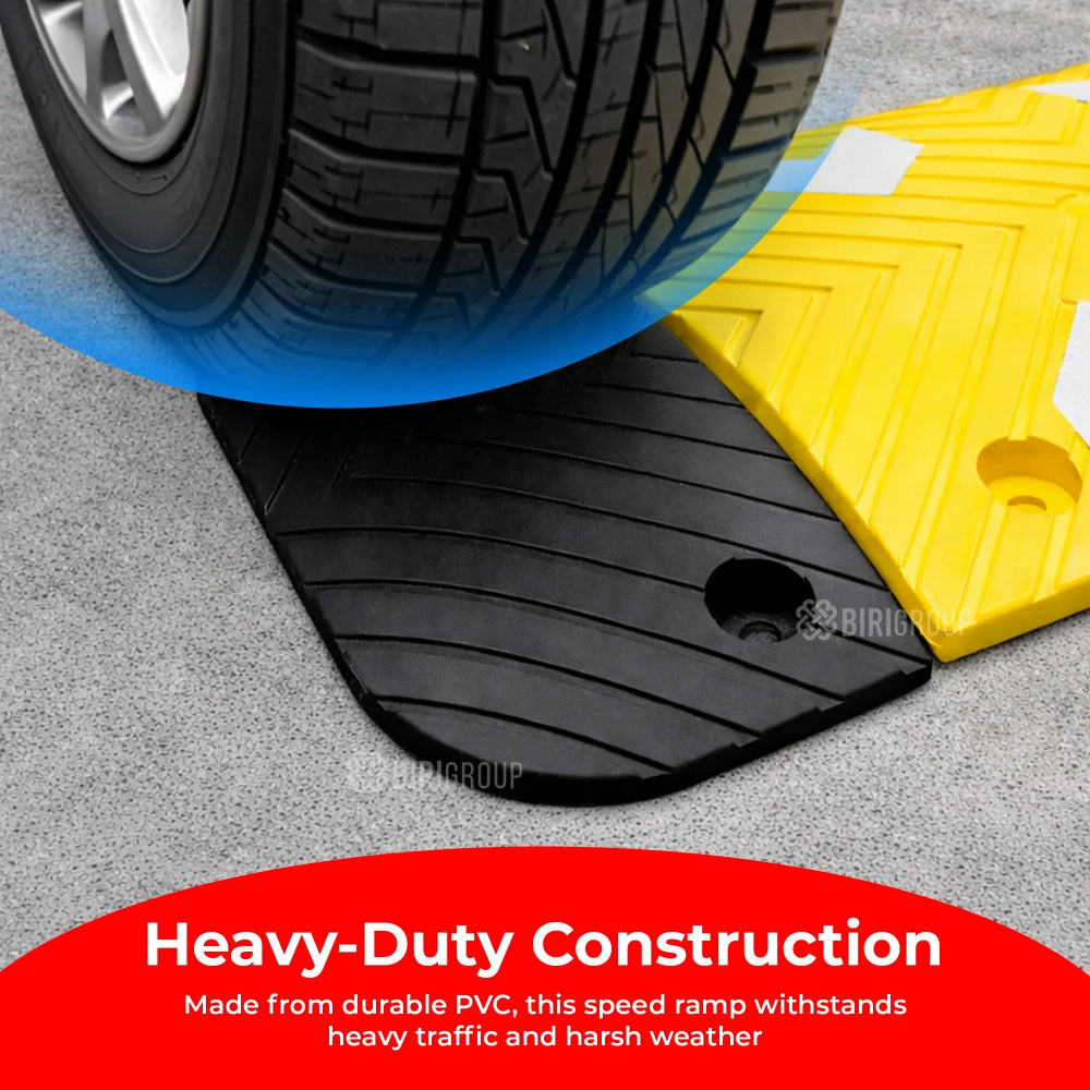 Heavy-duty construction speed ramp with tire and text about durability.