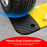 Heavy-duty construction speed ramp with tire and text about durability.