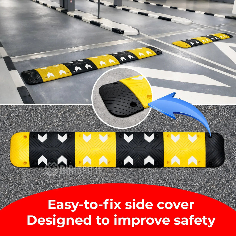 Parking bumpers with a side cover on a road, emphasizing safety improvement.