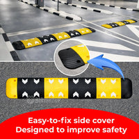 Parking bumpers with a side cover on a road, emphasizing safety improvement.