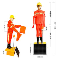 Mannequin in safety gear with solar panel and equipment, showing dimensions on a white background.