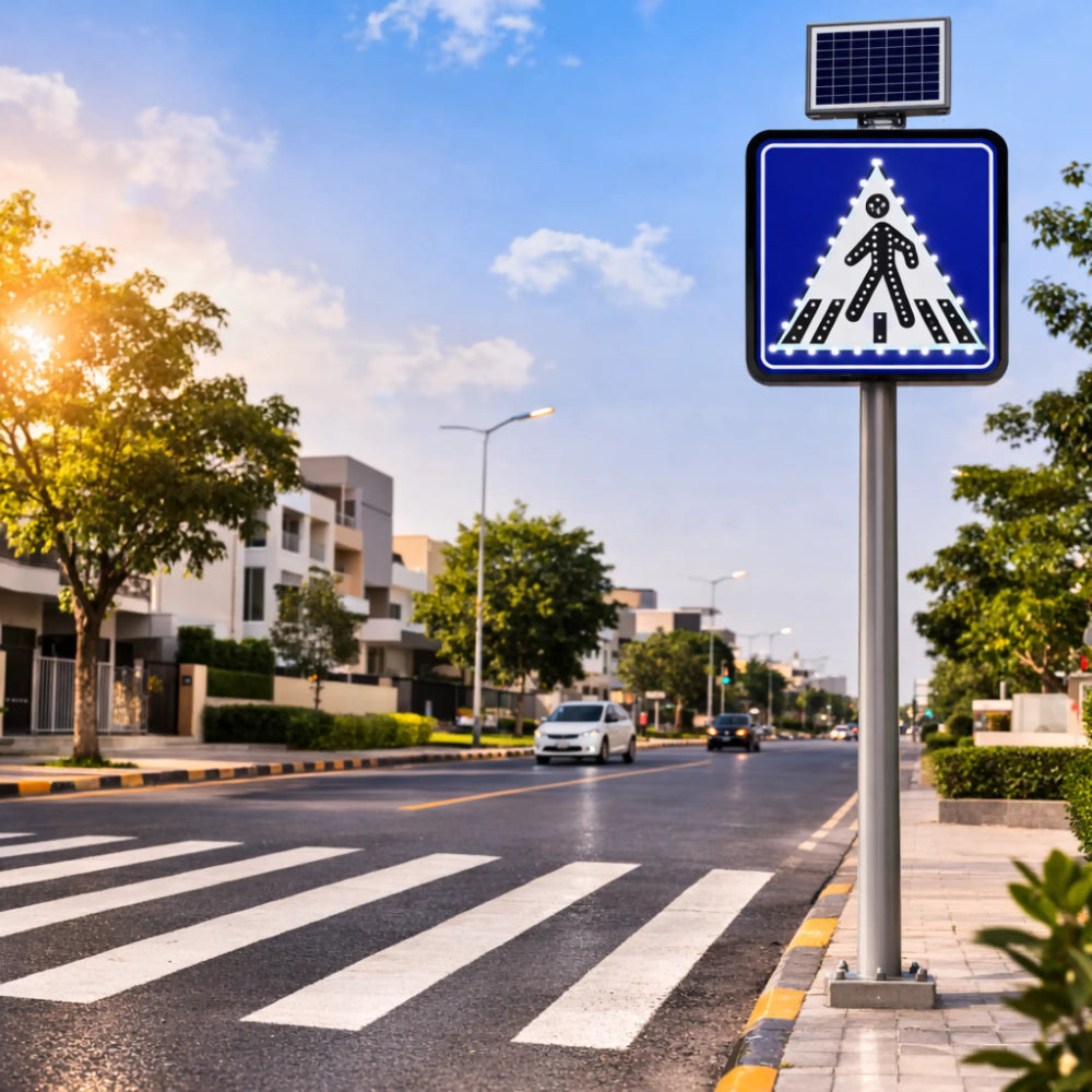 Crosswalk sign with solar panel on a city street