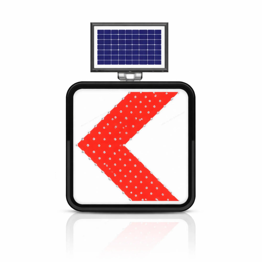 Traffic sign with red and white arrow design and solar panel on top, on a white background