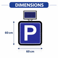 Dimensions of a parking sign with a solar panel on top, showing 60 cm dimensions.