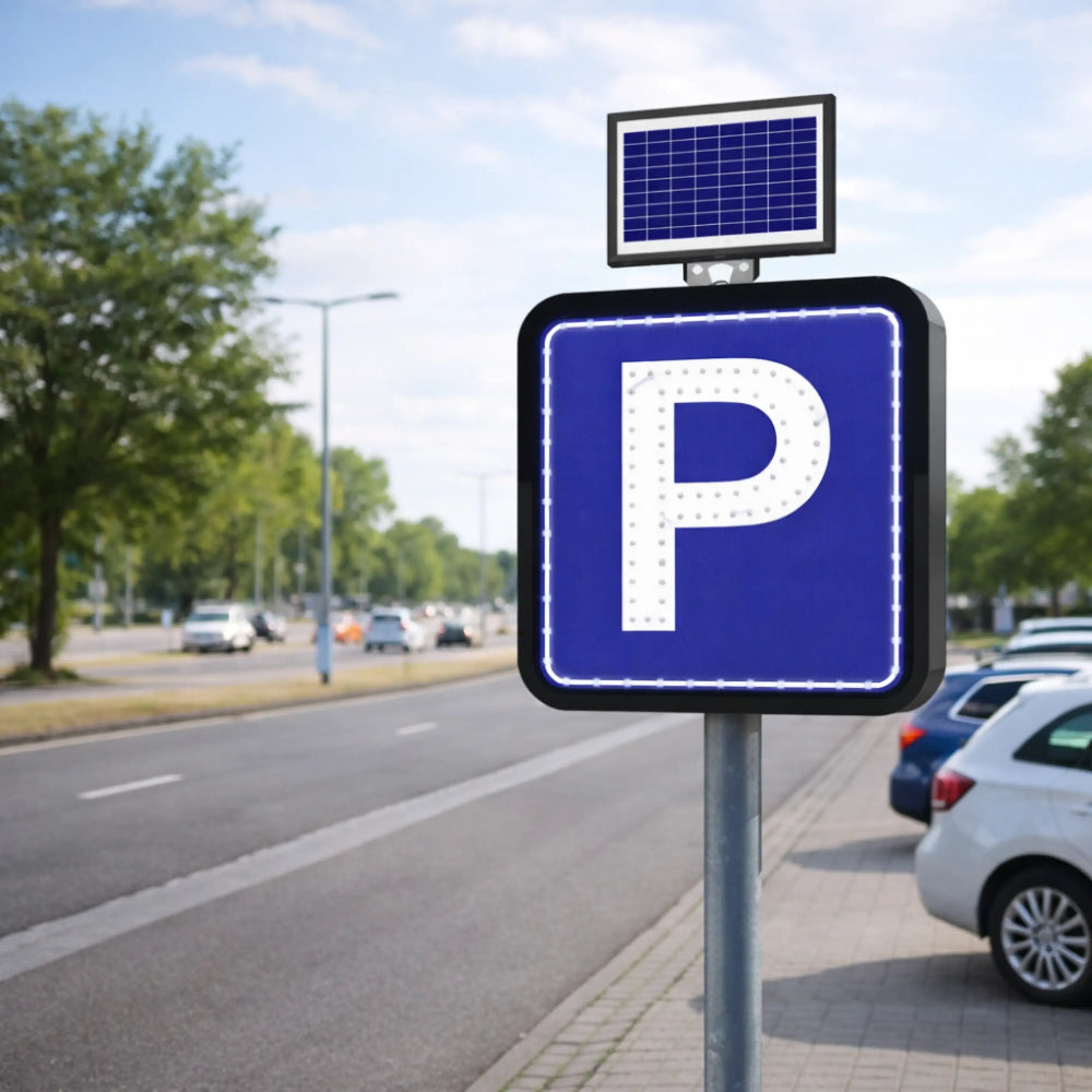 Parking sign with solar panel on a street with cars and trees in the background