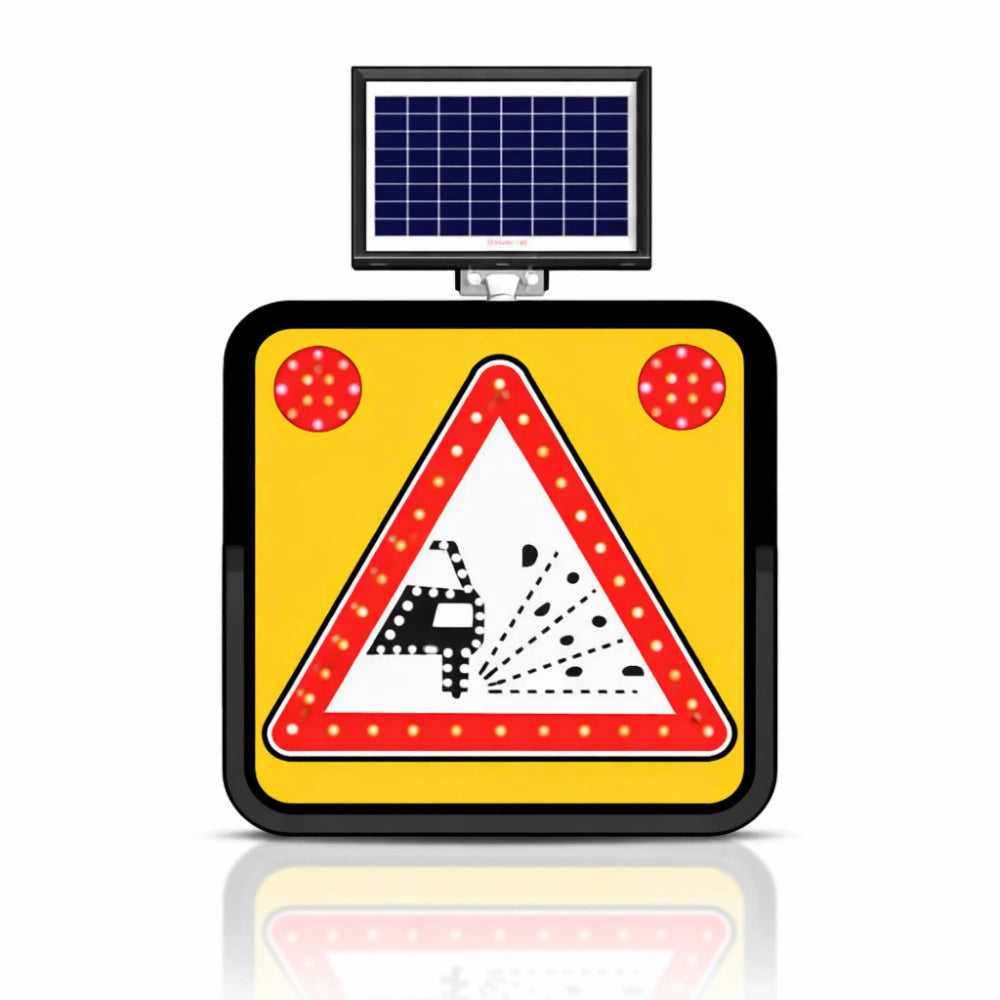 Road warning sign with solar panel on a white background