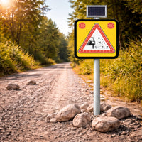 Warning sign on a dirt road with solar panel