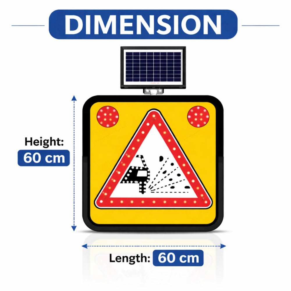 Road sign with solar panel and dimensions labeled on a white background